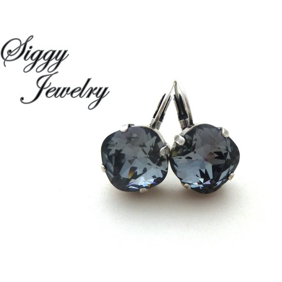 Silver Night Crystal Solitaire Earrings made with Genuine Austrian Crystals - Picture 5 of 6